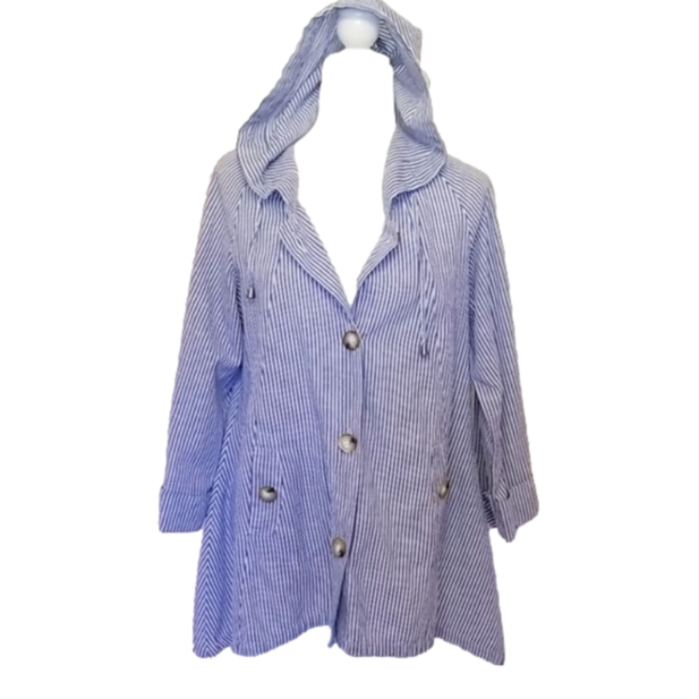 Sigrid‎ Olsen Size M Linen Cotton Blue White Striped Hooded Lightweight Jacket